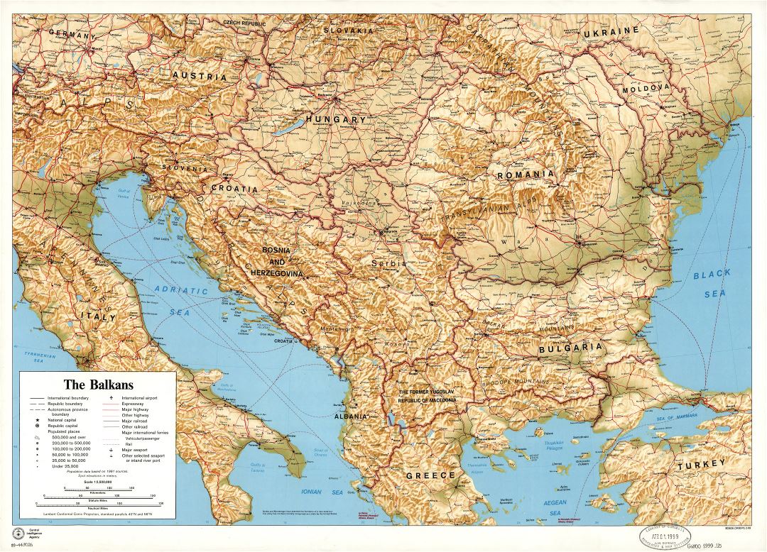Large scale political map of the Balkans with relief, marks of cities, roads, railroads, seaports, airports, names of countries and other marks - 1999